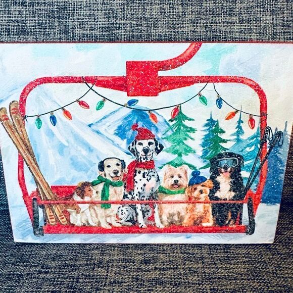 Winter Ski Dogs Holiday Glitter Decor Sign - Picture 1 of 3